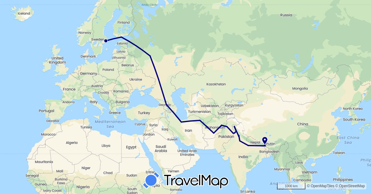 TravelMap itinerary: driving in Afghanistan, Finland, Georgia, India, Iran, Pakistan, Russia, Sweden (Asia, Europe)