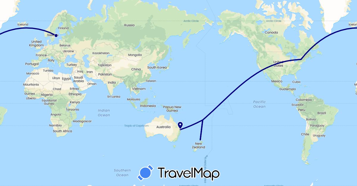 TravelMap itinerary: driving in Australia, Fiji, New Zealand, Sweden, United States (Europe, North America, Oceania)